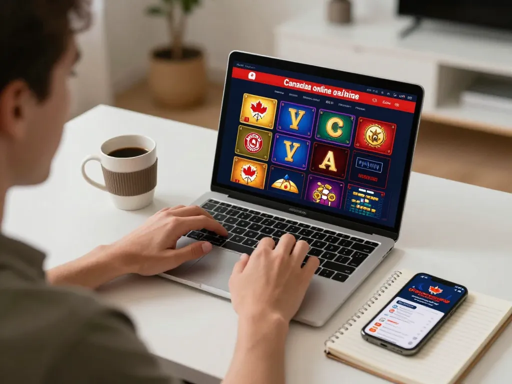 Engaging gameplay at Canadian online casinos with a player focused on strategy notes and laptop.