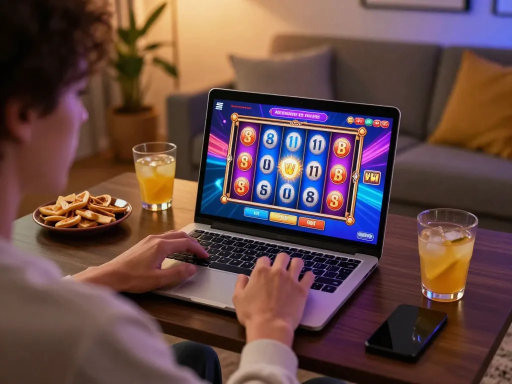 Seseorang bermain aman788 slot gacor di laptop, menampilkan slot berwarna-warni dan kegembiraan di lingkungan rumah yang nyaman.