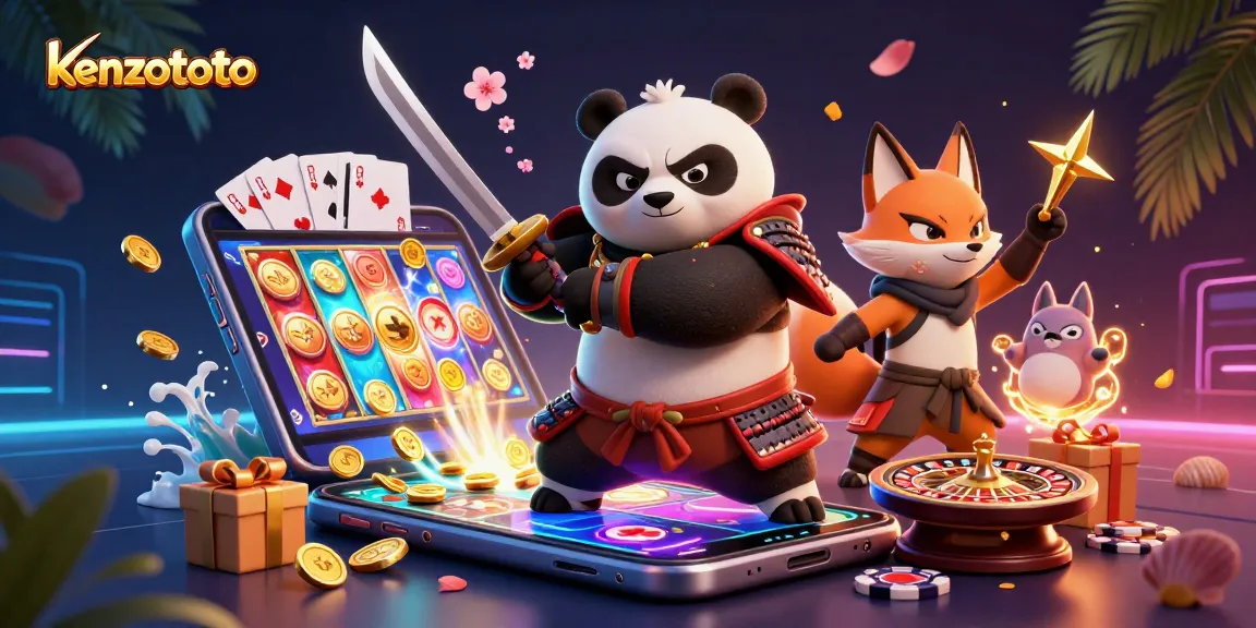 Kenzototo showcases vibrant gaming action featuring a samurai panda and ninja fox amidst slot games and golden shuriken.