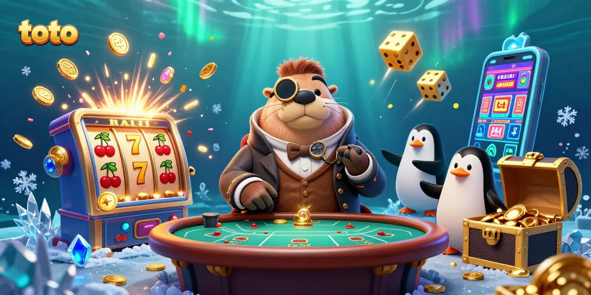 Engage with toto in this lively underwater casino scene featuring a jolly walrus and dealer elements.