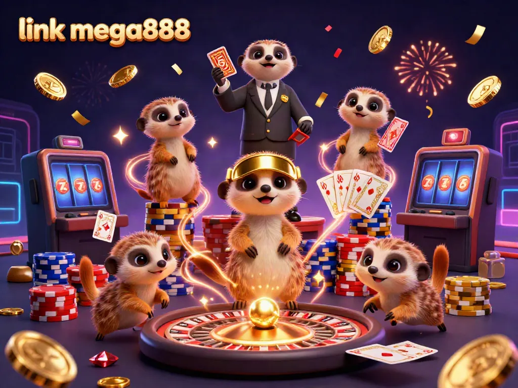 Experience the excitement of link mega888 with a dynamic illustration of meerkats running a vibrant casino operation.