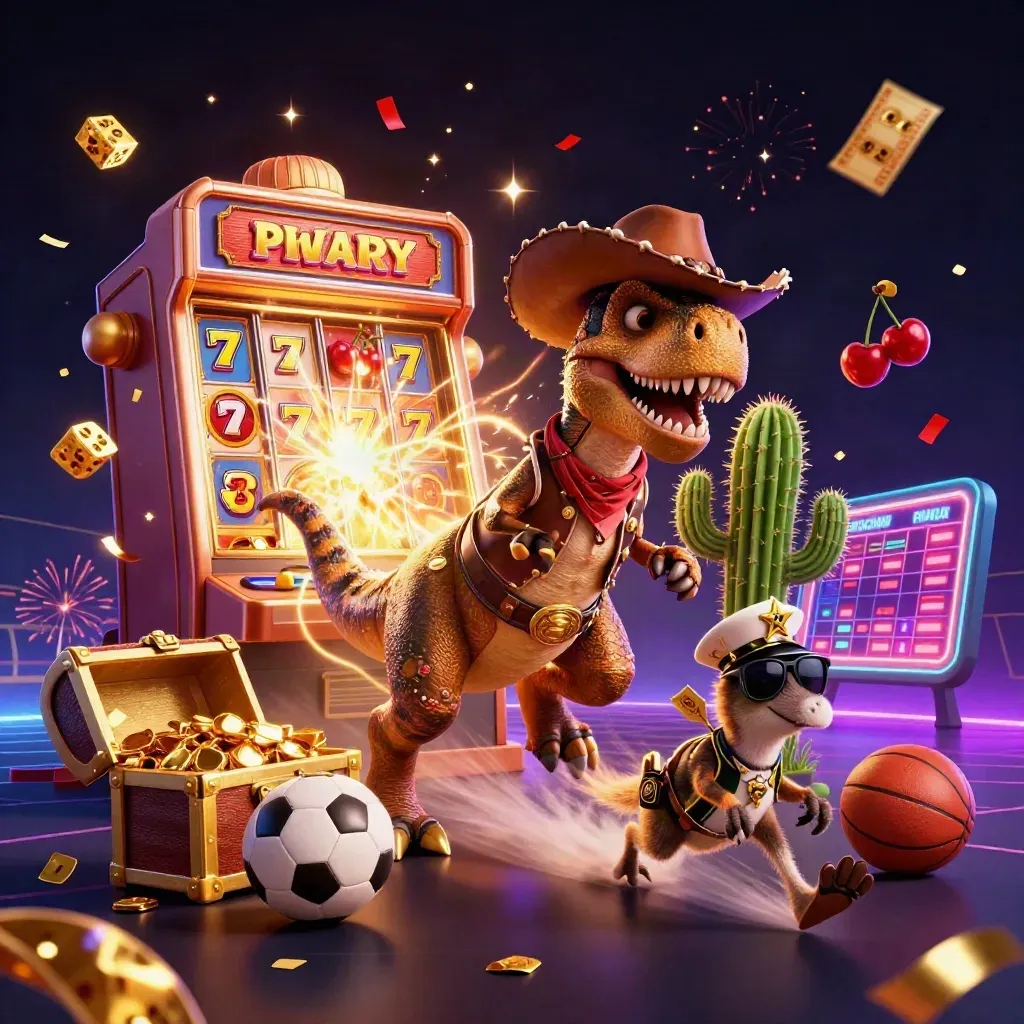 Cowboy T-Rex, cactus sidekick, and roadrunner amid jackpot slot burst, gold, confetti, neon lights