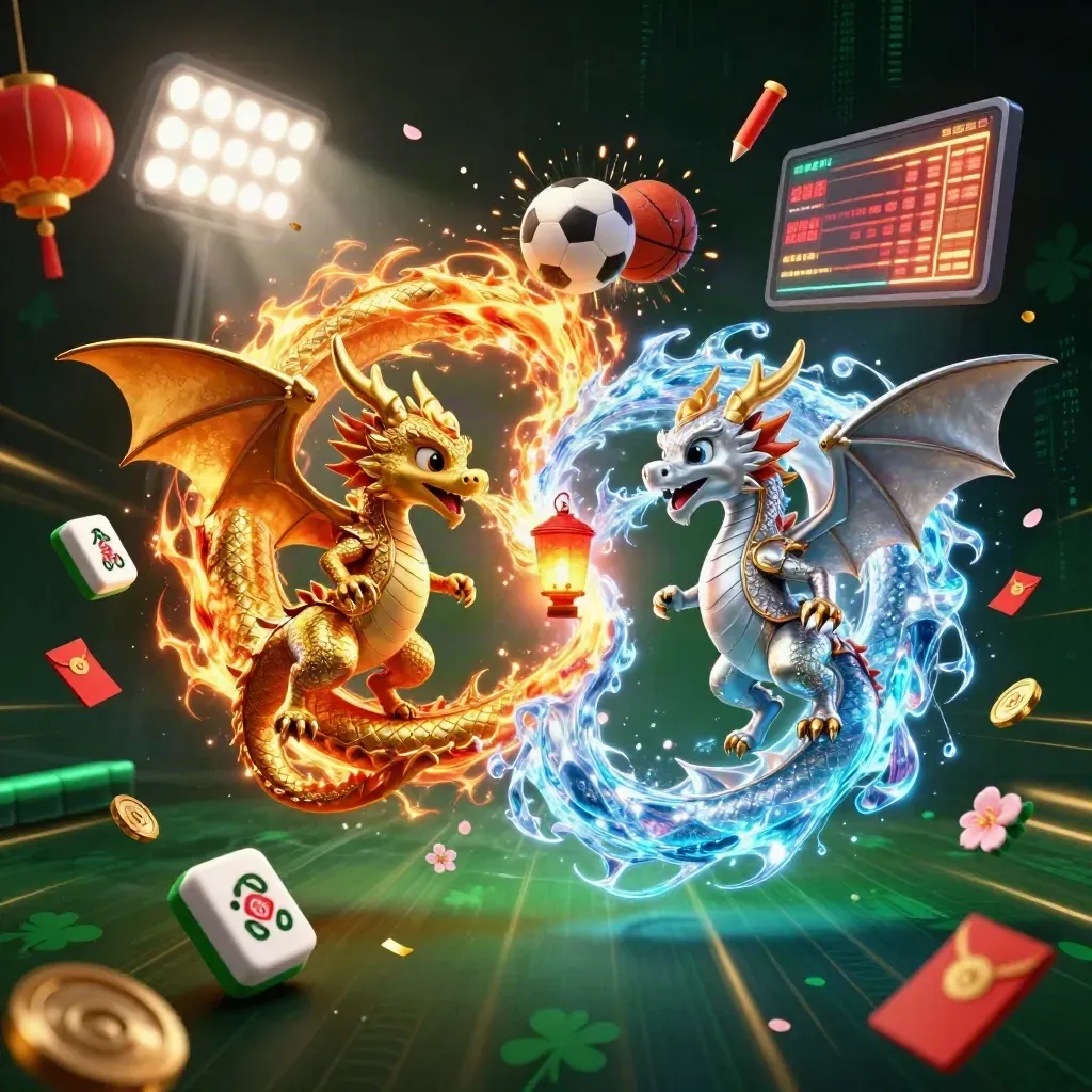 Gold and silver dragons swirl with casino symbols, balls, and neon sparks over a dark emerald glow.