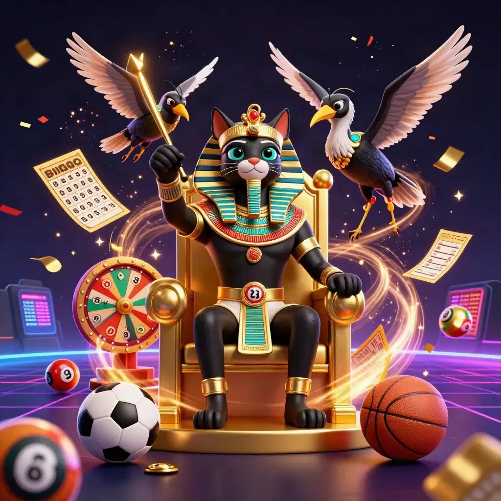 Pharaoh cat, ibis scribe, and scarabs amid casino balls, wheel, confetti, and neon glow.