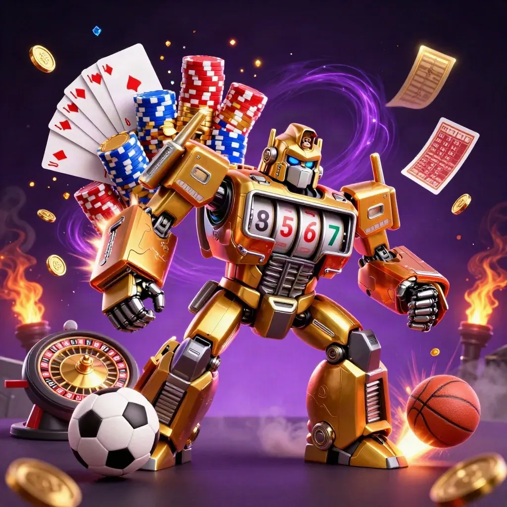 Golden gorilla mech and monkey pilot amid roulette chips, coins, balls and casino energy.