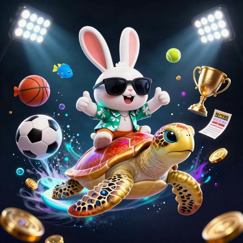 Lucky rabbit rides a golden turtle amid sports balls, coins, and neon casino light.