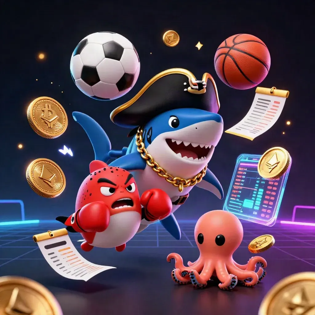 Pirate shark, pufferfish, and octopus amid neon sports gear and gold coins in a dark casino burst.