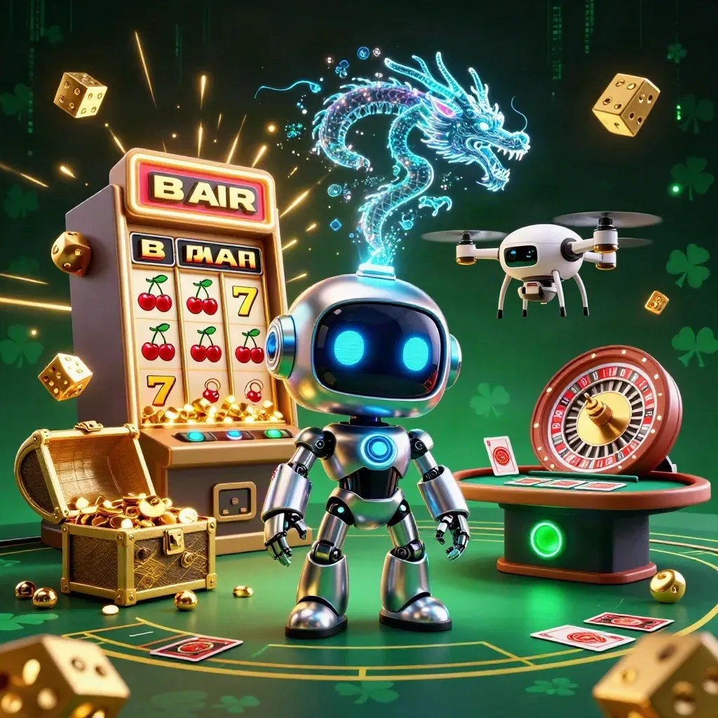 Cyberpunk robot, holographic dragon, drone, jackpot slot burst, roulette wheel, gold and neon casino scene
