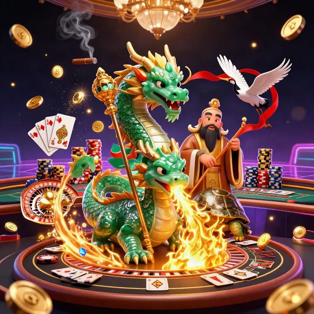 Dragon, turtle sage and cranes amid casino lights, coins, cards and roulette glow.