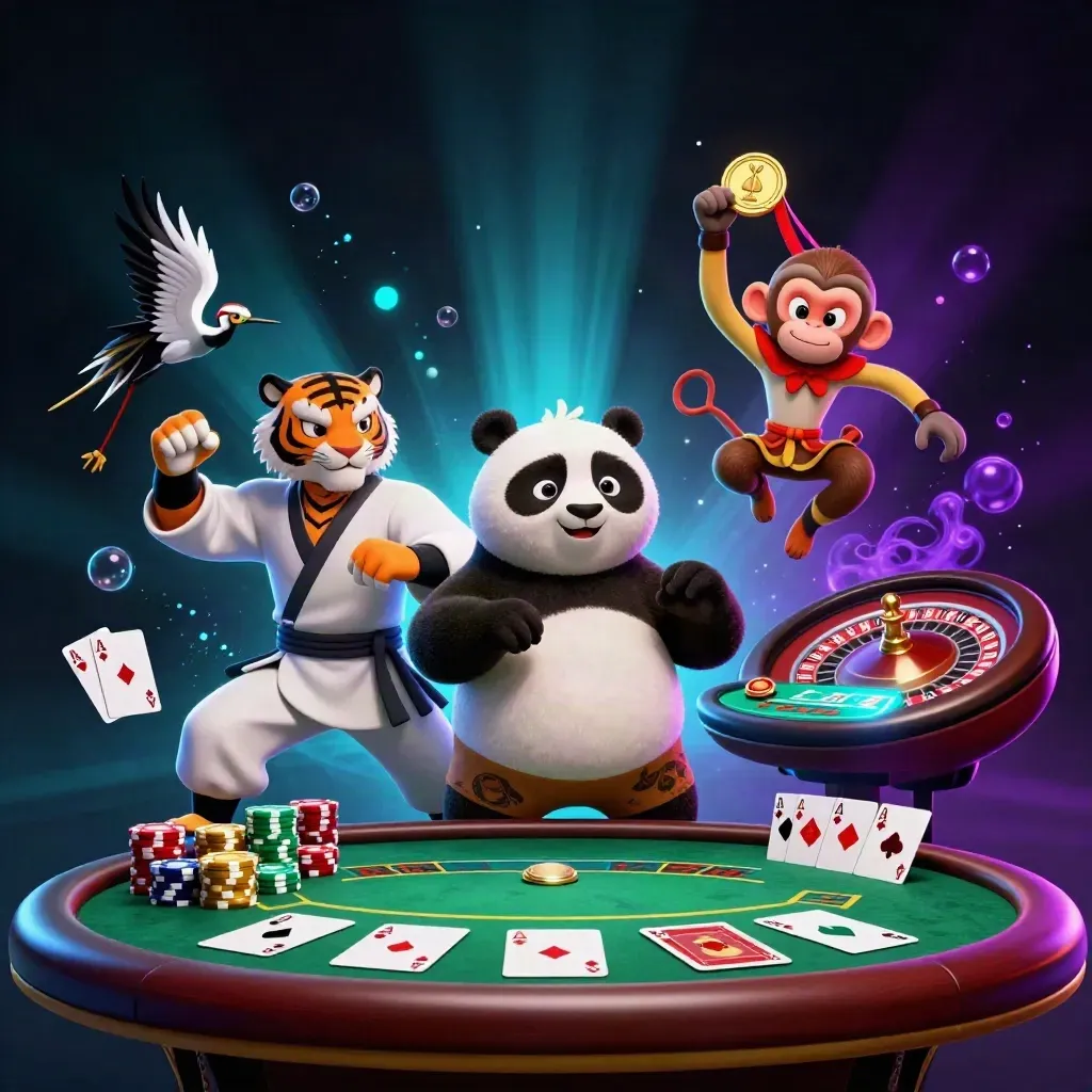 Kung-fu tiger, panda, and monkey at a neon casino table with roulette, chips, and gold glow.
