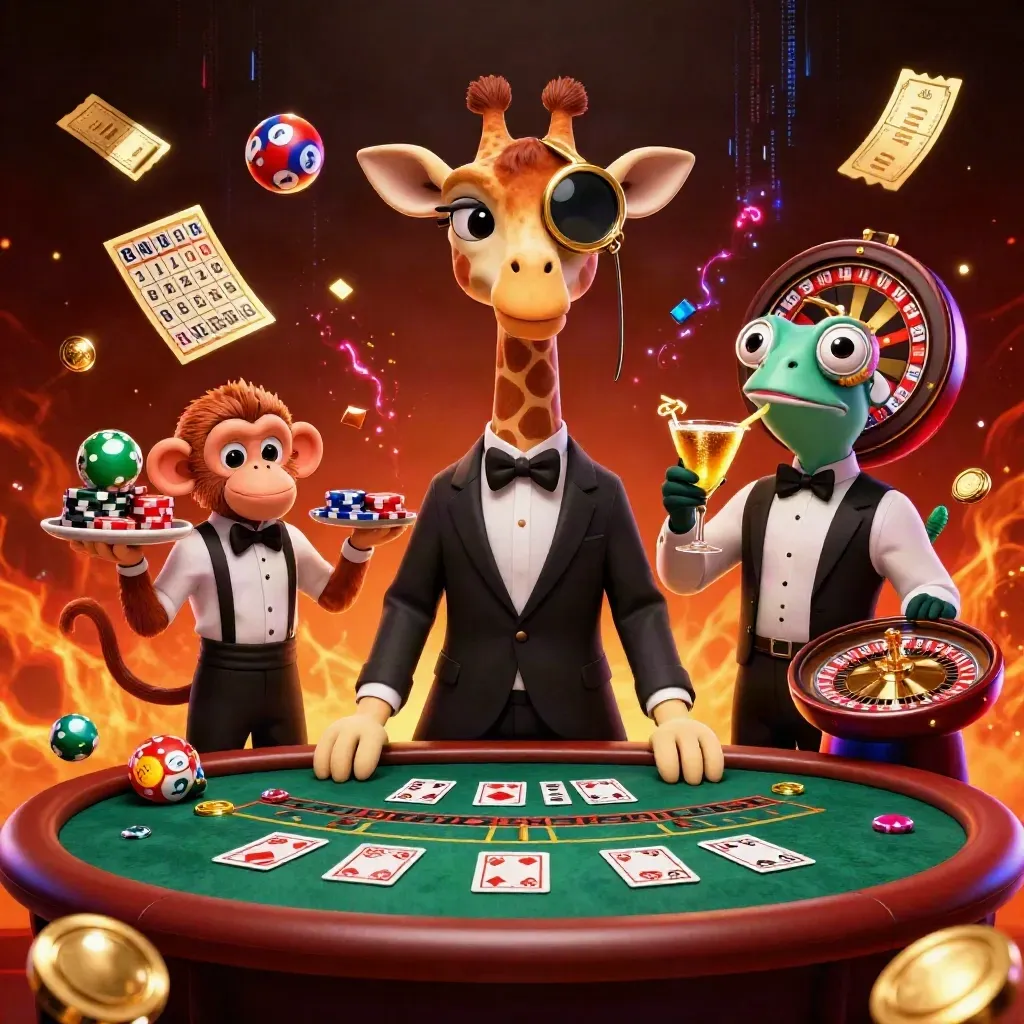 High-roller giraffe, monkey valet and chameleon bartender amid roulette, neon gold and casino glow