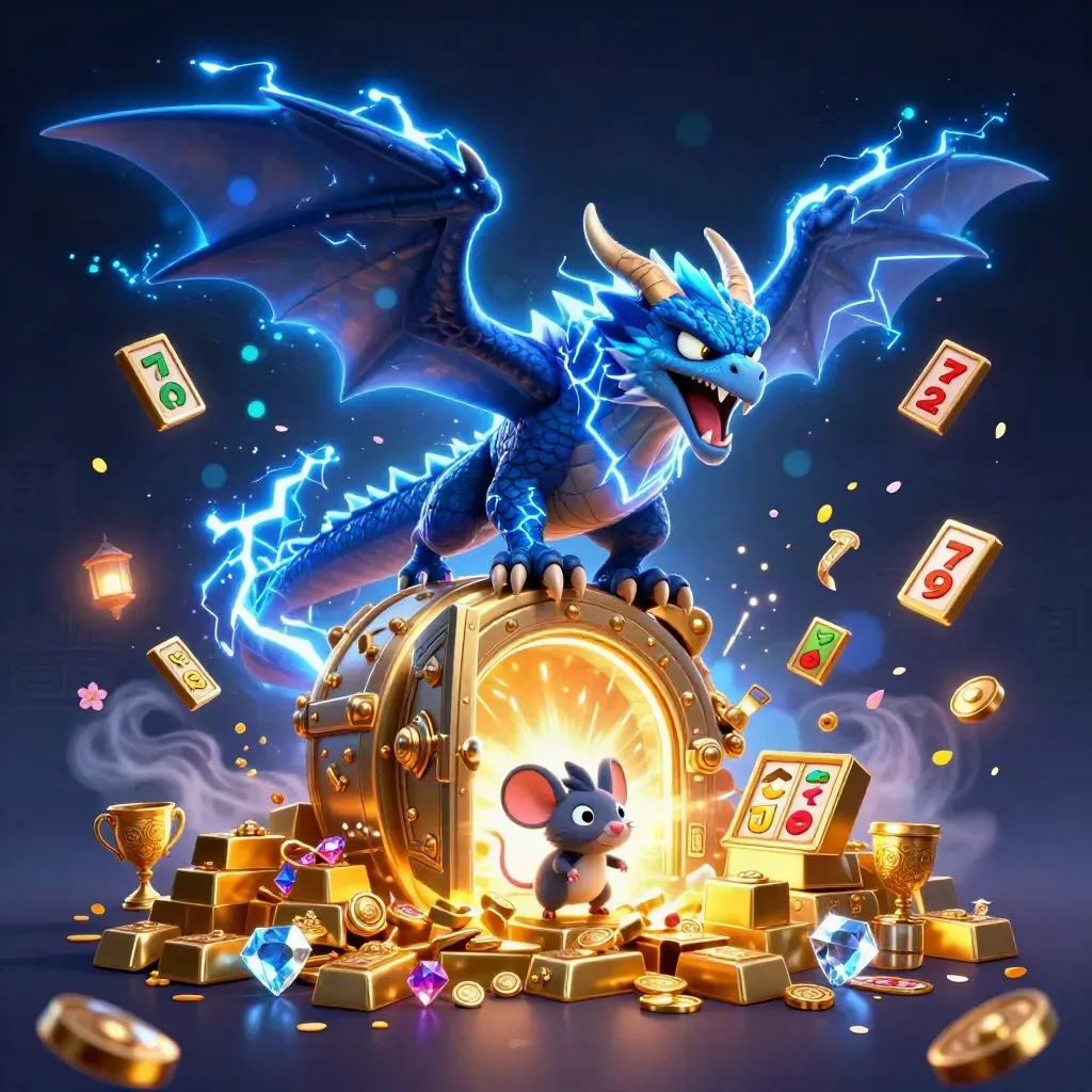 Thunder dragon, hawk, and mouse explode from a gold vault with gems and casino loot.