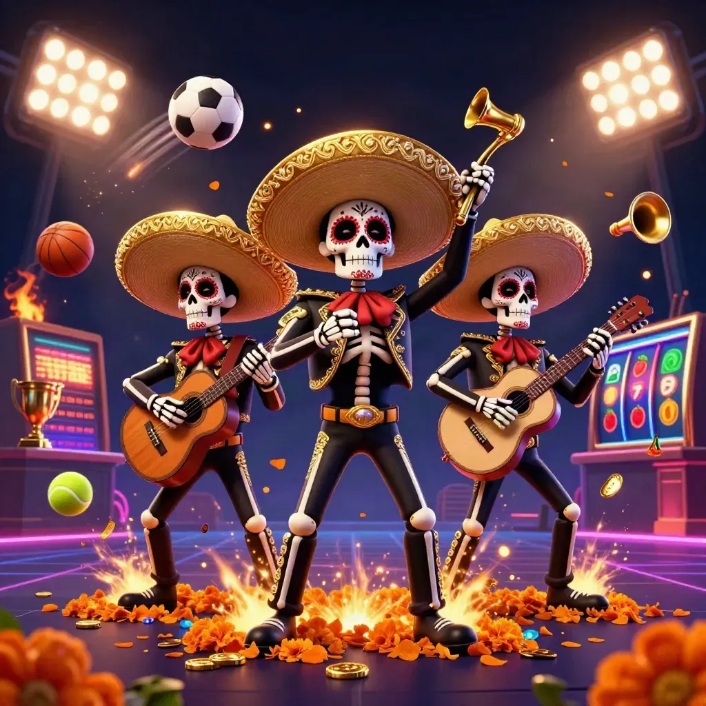 Day-of-the-Dead skeleton mariachi trio amid gold bursts, sports balls, and casino neon.