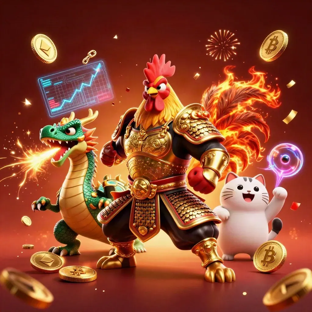 Rooster warrior, spark-breathing hatchling, and fortune cat amid gold coins and ember glow