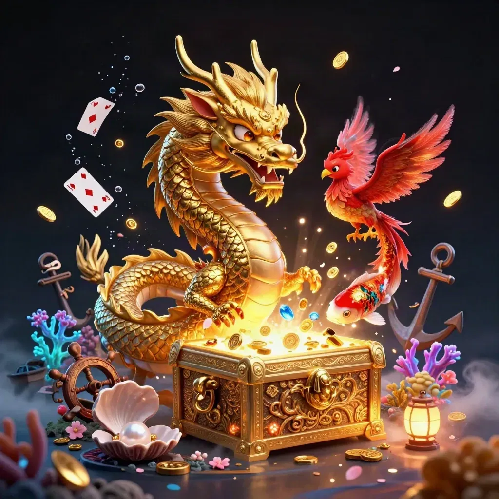 Golden dragon, red phoenix, and koi erupt from a treasure chest in a dark neon underwater cove.