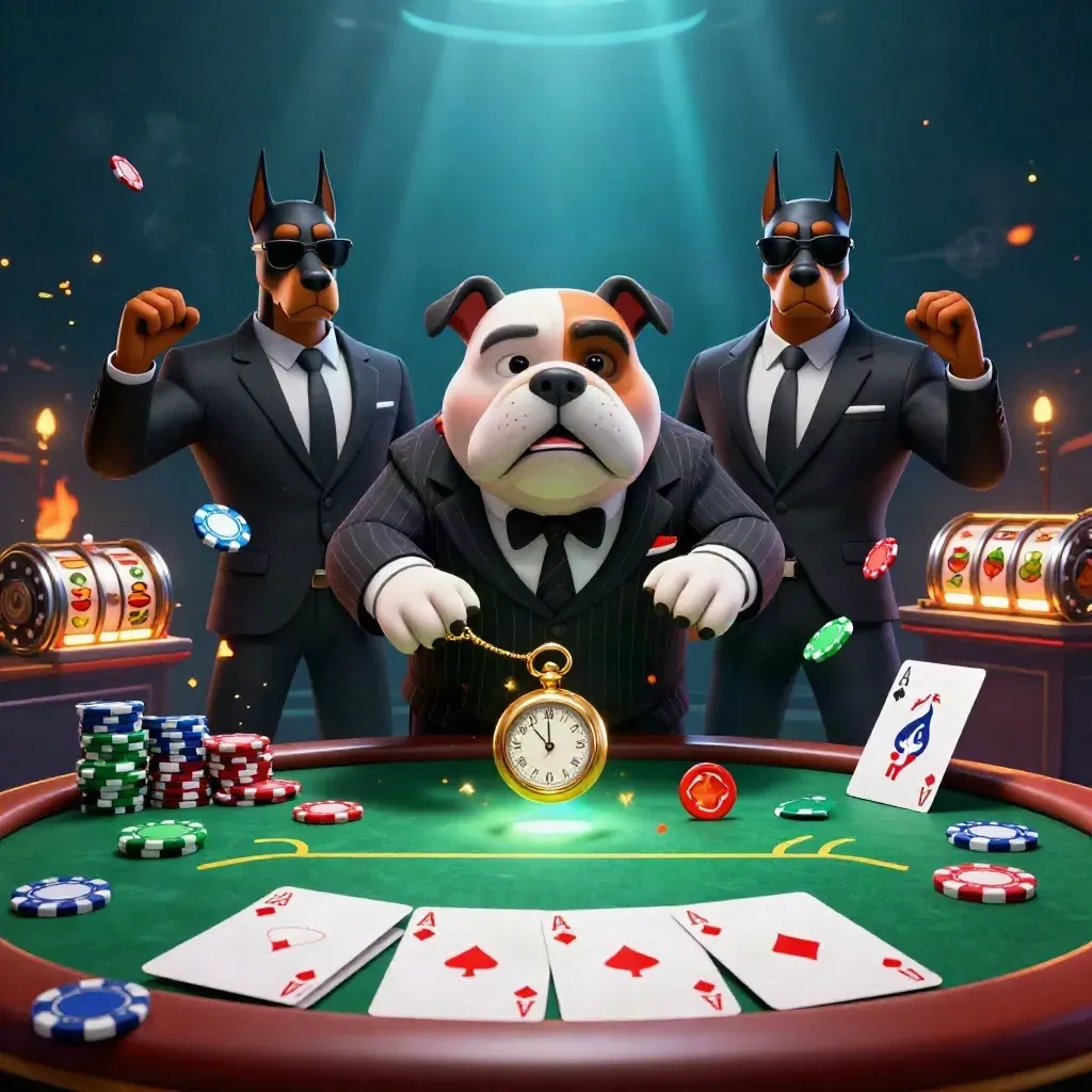 Bulldog mafia boss with Dobermans amid poker chips, aces, embers, and neon casino glow.
