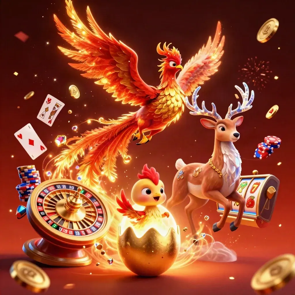 Fire phoenix, baby phoenix, and crystal stag amid casino coins, roulette, cards, and glowing embers.