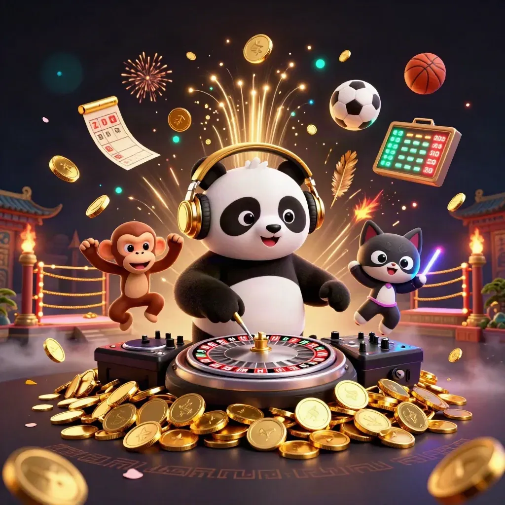 DJ panda, dancing monkey and rave kitten amid roulette jackpots, coins, fireworks and temple gate