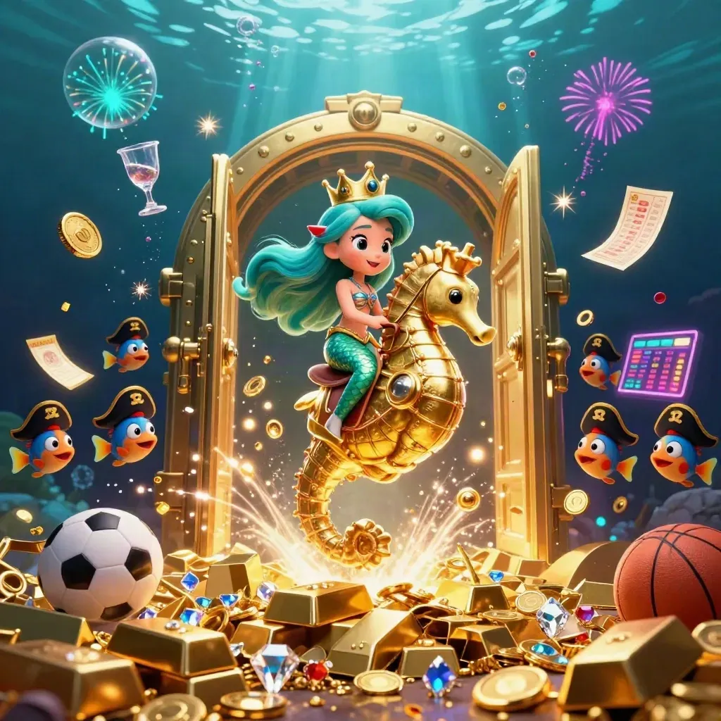Mermaid princess on a golden seahorse amid vault gold, fish, gems, and underwater fireworks.