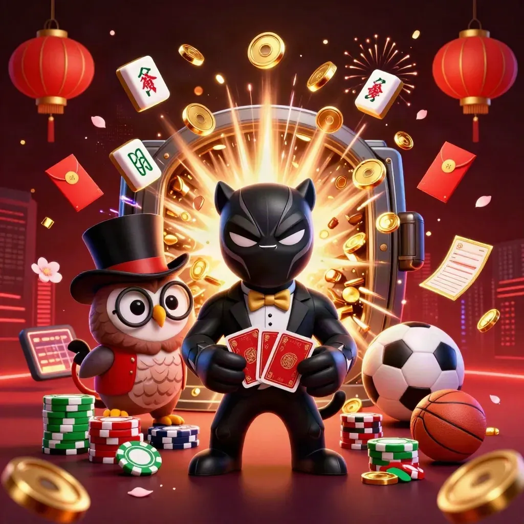 Panther, owl, and mouse gamble amid gold coins, lanterns, fireworks, and casino streaks.