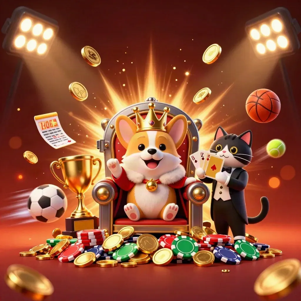 Royal corgi and cat butler amid coins, trophy, balls, and fireworks in a luxe casino burst