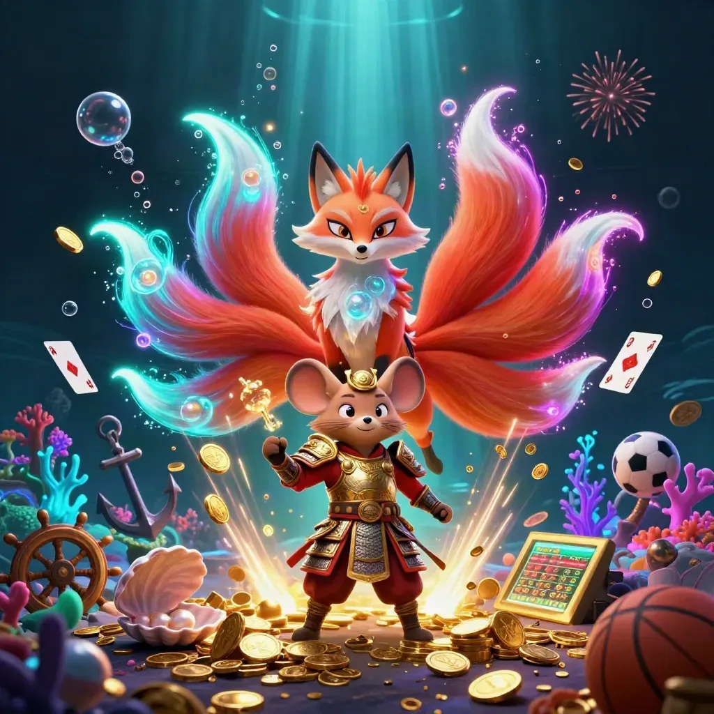 Neon fox spirit and samurai mouse in an underwater treasure burst with coins and casino icons