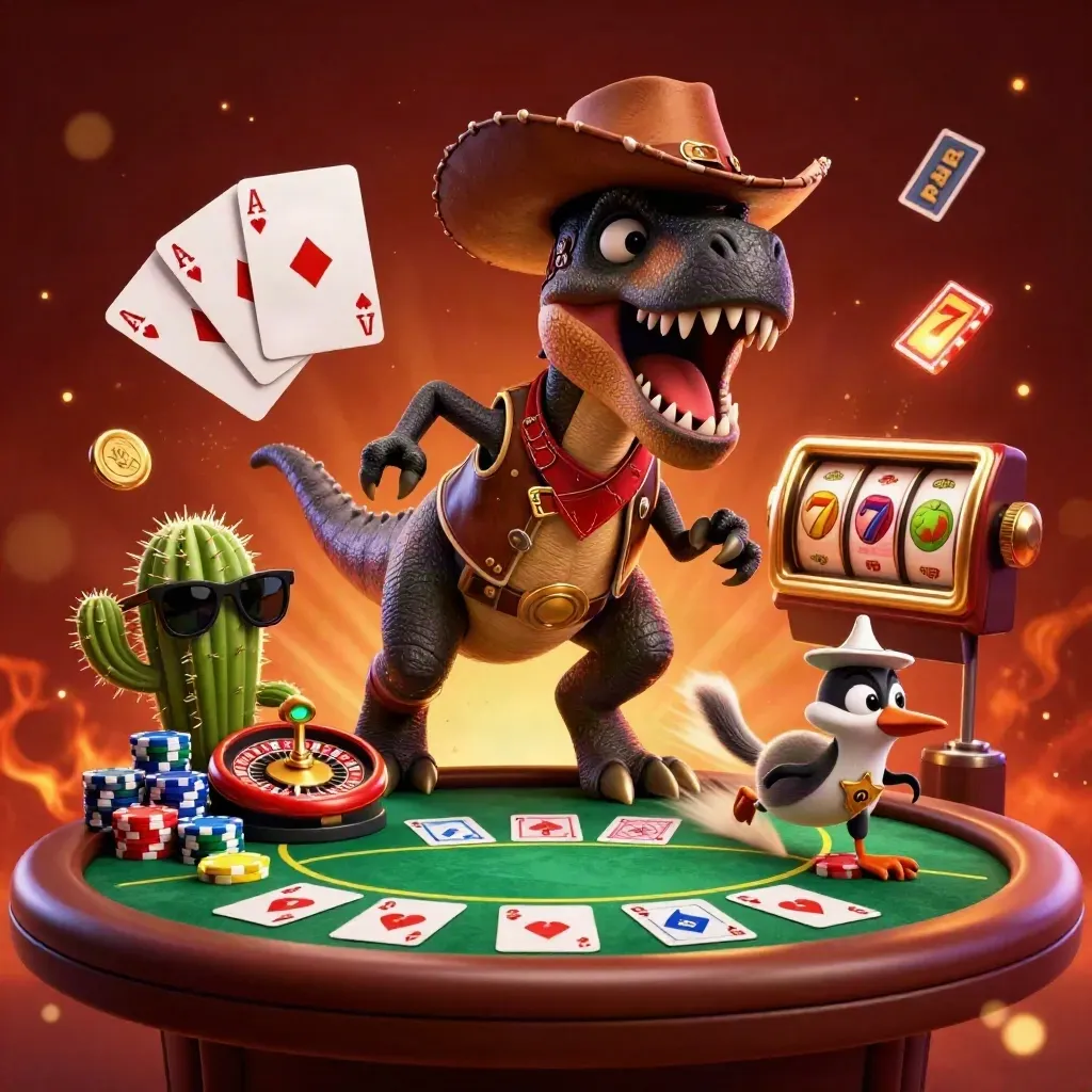 Cowboy T-Rex, cactus, and roadrunner amid casino chips, aces, and glowing reels.