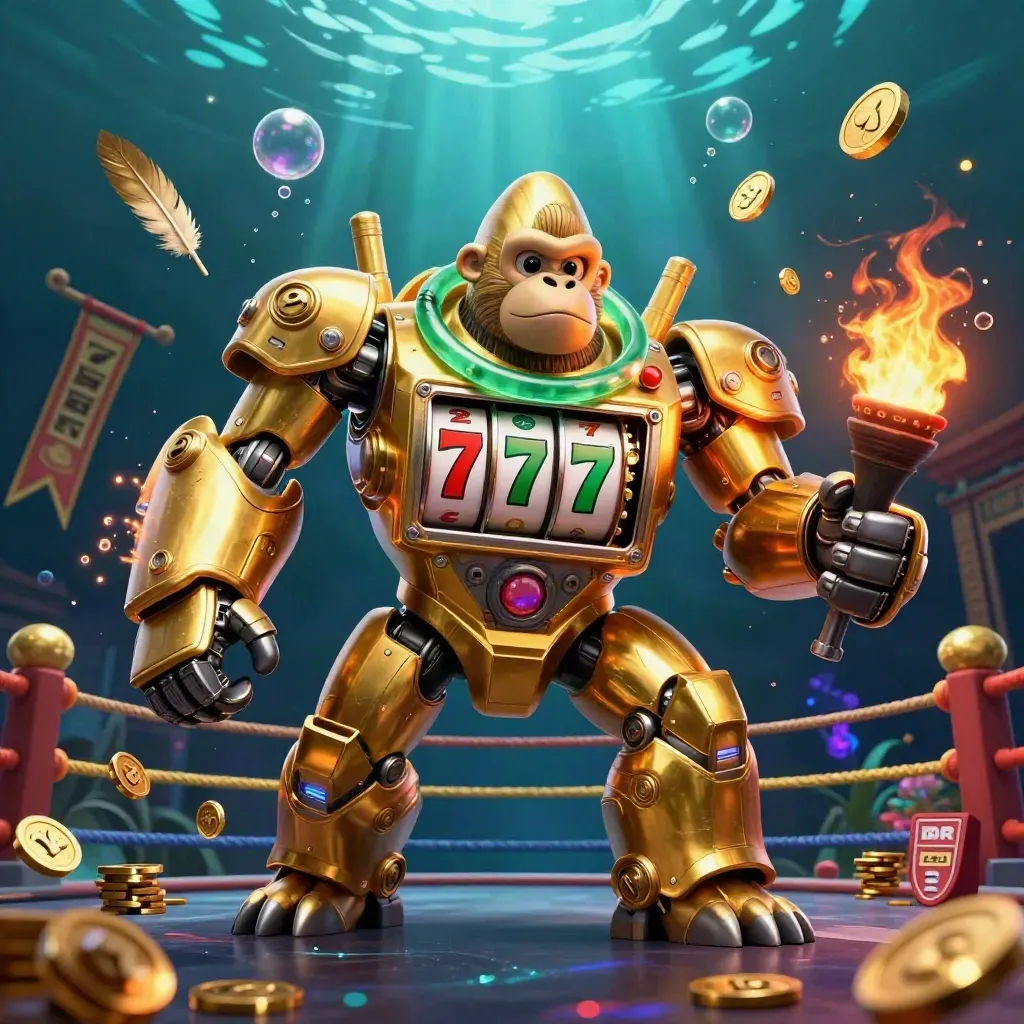 Golden gorilla slot mech with monkey pilot, jade ring, coins, temple gate, underwater glow