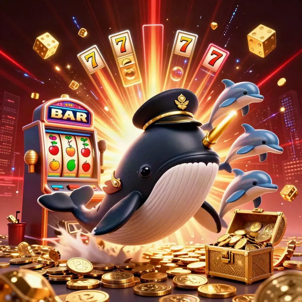 Whale captain, narwhal, and dolphins burst through coins with slot jackpots and neon casino energy