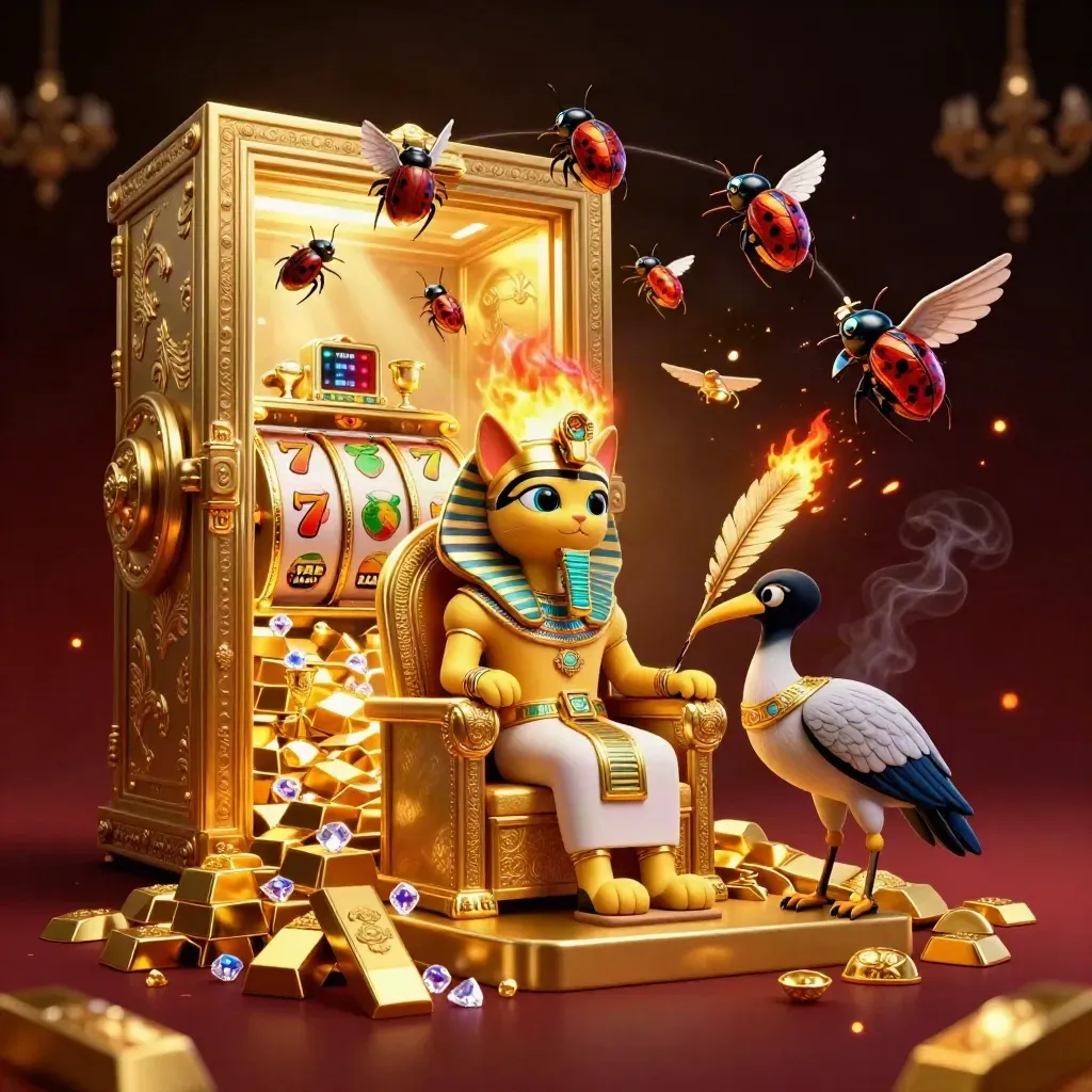 Pharaoh cat on a golden throne with an ibis scribe, scarabs, vault door and jackpot loot.