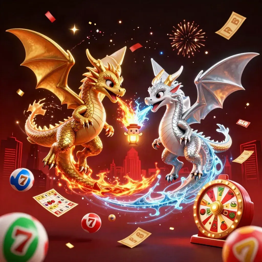 Gold and silver dragons entwined with casino symbols, fireworks, and a tiny lantern spirit.