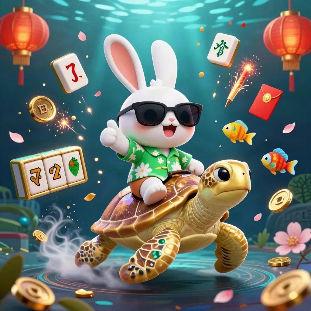 Lucky rabbit rides a golden turtle amid casino icons in a neon underwater scene.