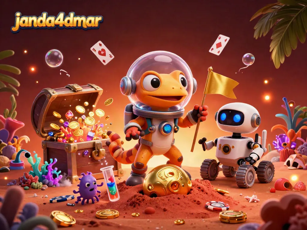 Janda4dmar menghadirkan gecko Mars dan robot dalam kasino emas yang digali, dikelilingi elemen permainan judi.