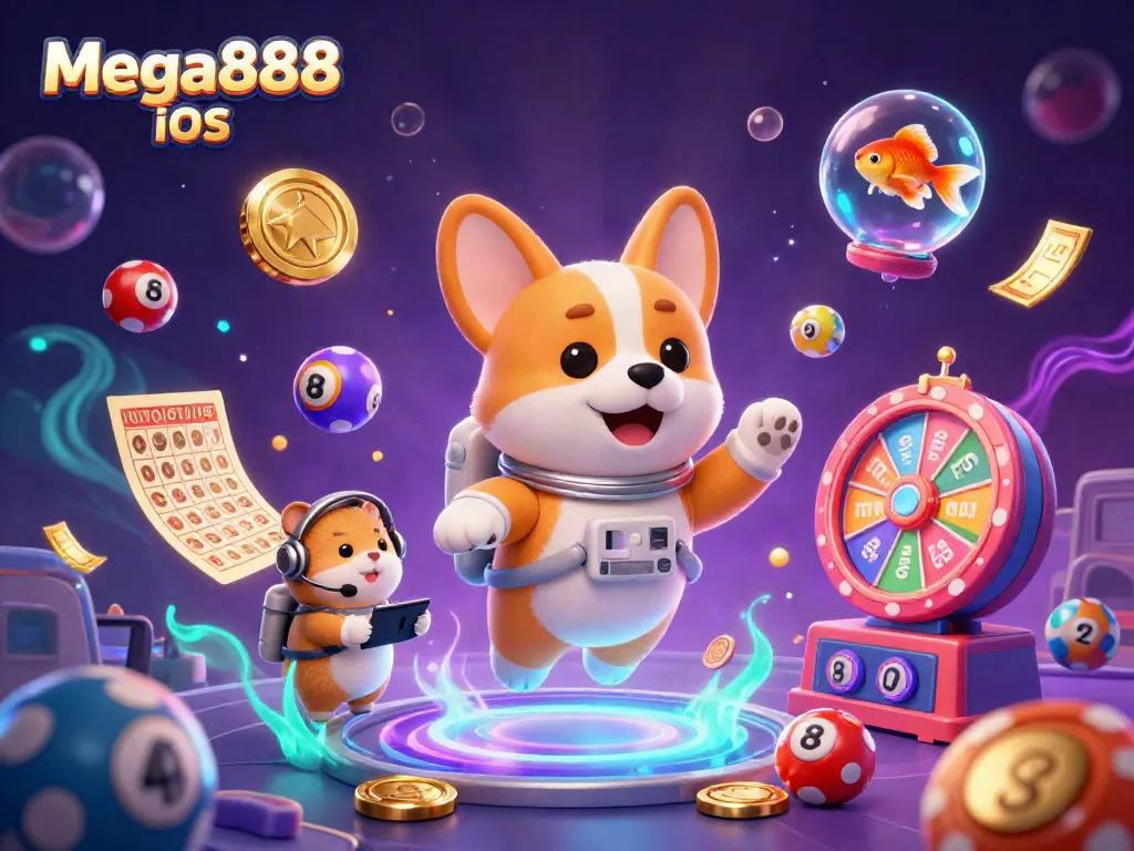 Experience Mega888 iOS with a playful astronaut corgi in a vibrant space casino