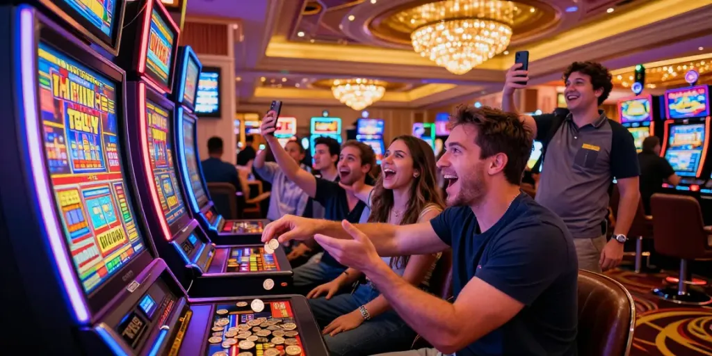 Excited players enjoying Lucky777 slot machine in a vibrant casino setting.