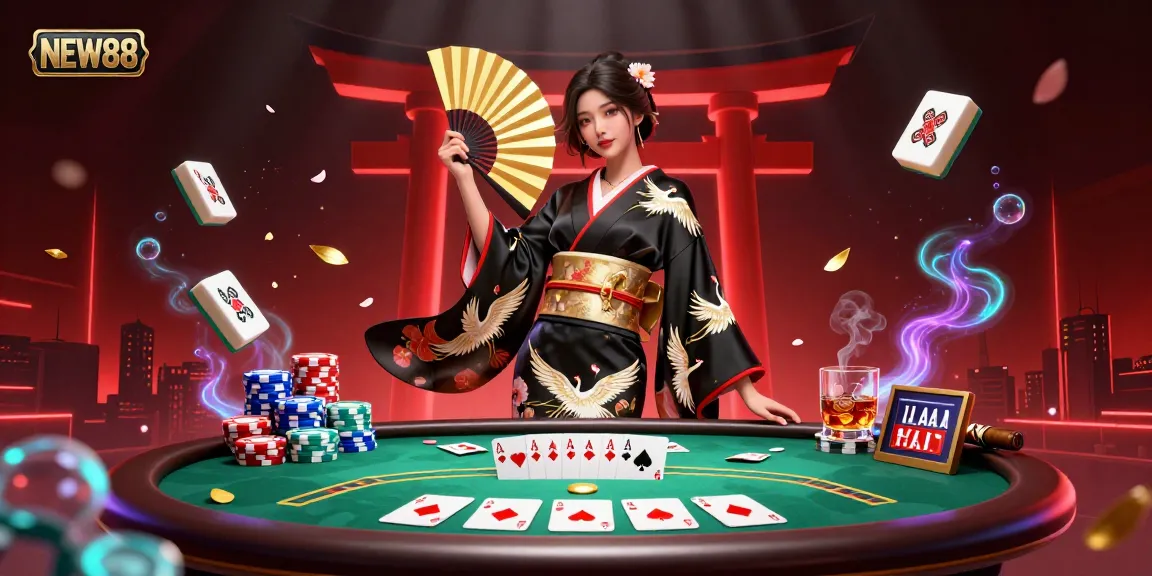 Experience the thrill of NEW88 with a captivating casino scene featuring an elegant Asian woman and dynamic gaming elements.