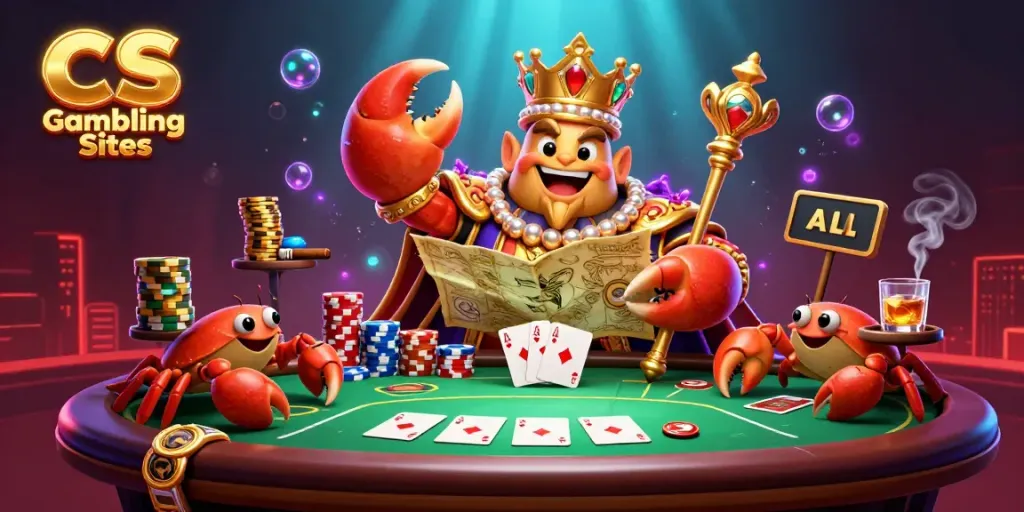 Experience CS Gambling Sites with a vibrant crab emperor scene filled with poker elements.