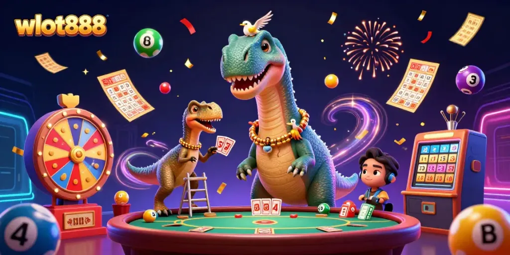 Permainan judi di WSLOT888 dengan brontosaurus lucu dan raptor sebagai dealer kartu.