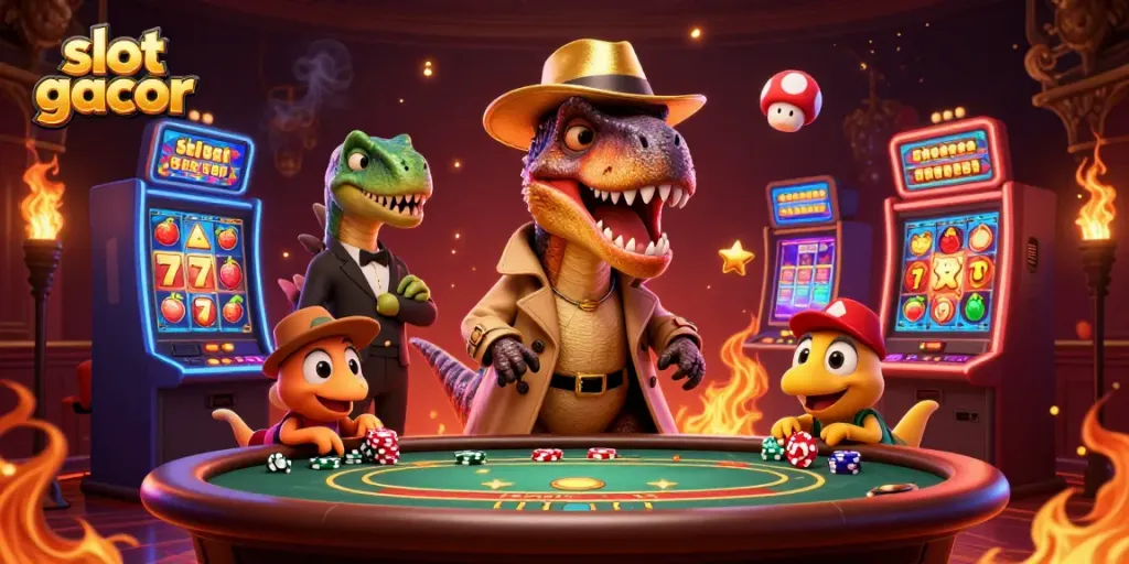 Memainkan slot gacor dengan velociraptor di meja blackjack, menciptakan suasana kasino yang hidup.