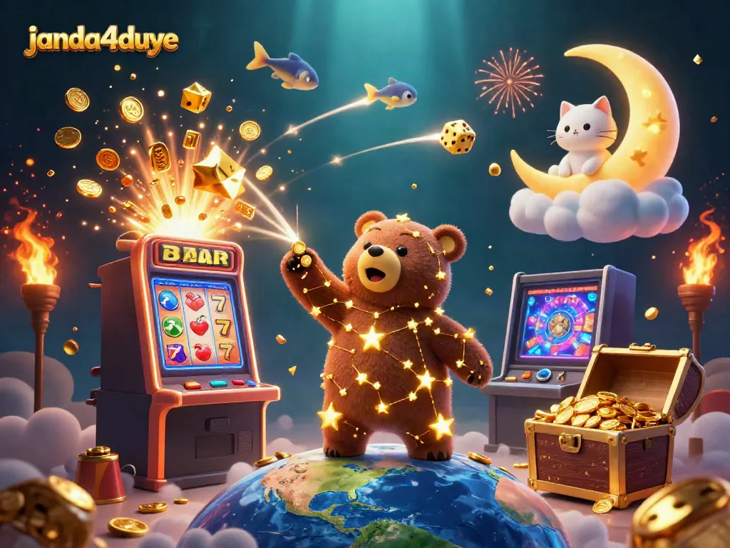 Permainan janda4duye meraih jackpot dengan karakter lucu dan simbol kasino yang gemerlap.