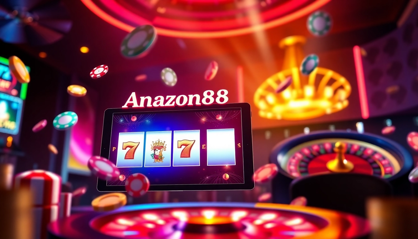 Sebuah adegan kasino online yang dinamis menampilkan antarmuka slot gacor aman788 dengan gulungan slot yang dianimasikan dan chip poker berwarna-warni.