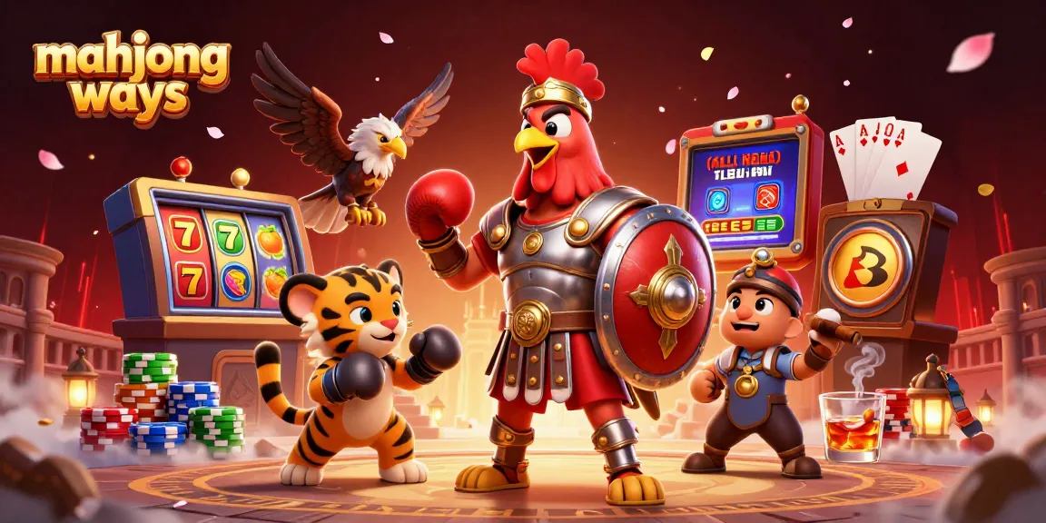 Engage with mahjong ways in this vibrant 3D illustration featuring a rooster gladiator and casino elements.