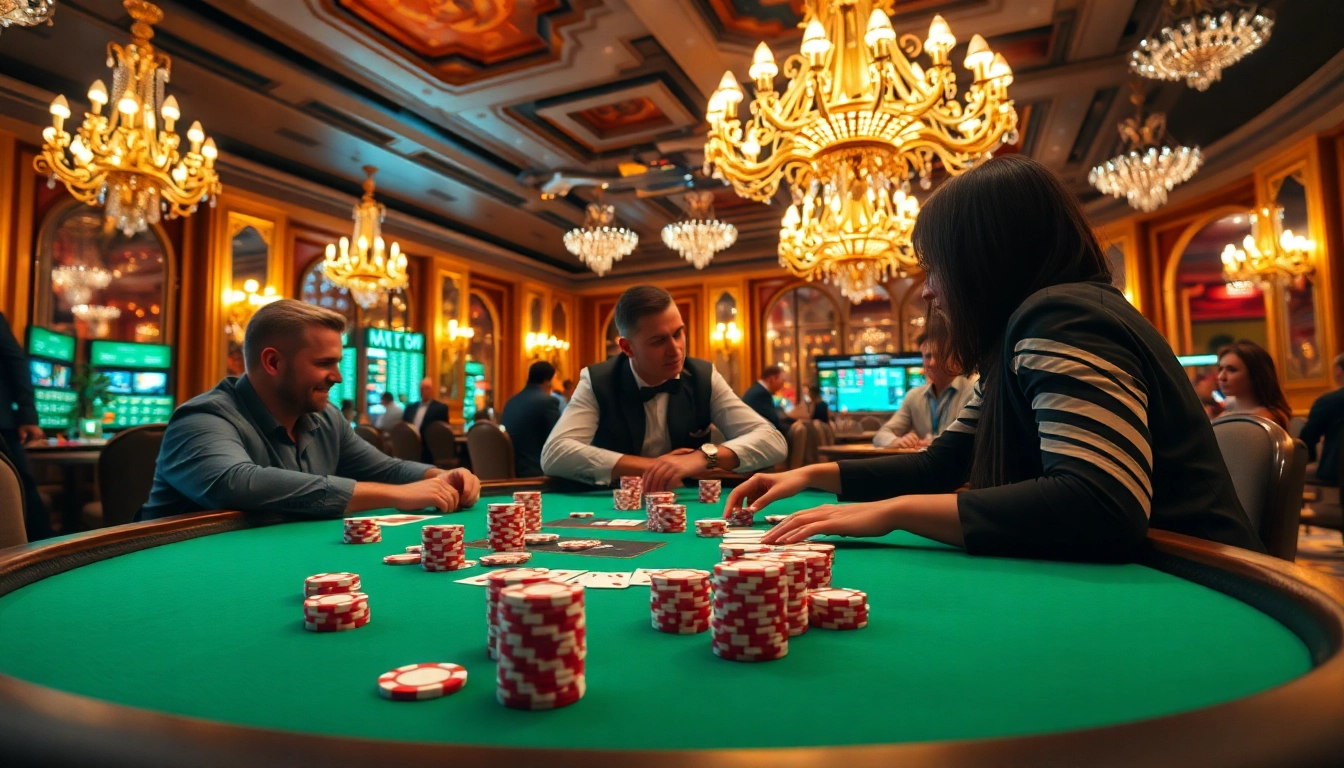 Menampilkan permainan kasino link T0812 dengan pemain yang serius di meja poker.