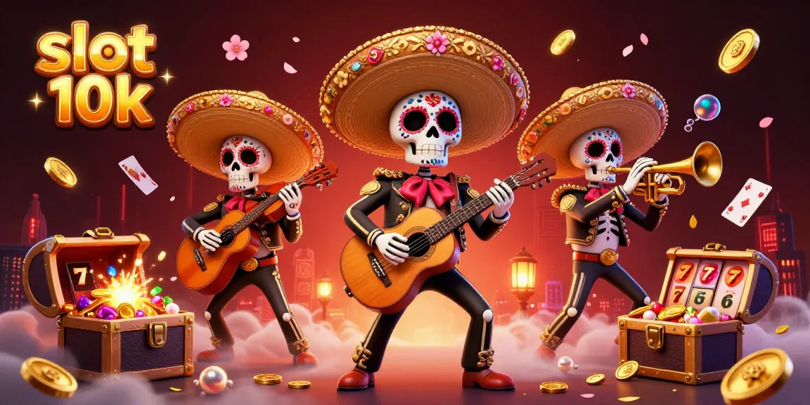 Experience excitement with slot 10k in this vibrant Day of the Dead casino scene filled with colorful elements.