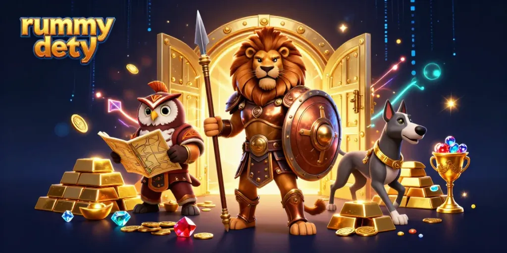 Rummy Deity menghadirkan aksi dengan karakter 3D dalam suasana berkilauan dan elemen permainan yang kaya.