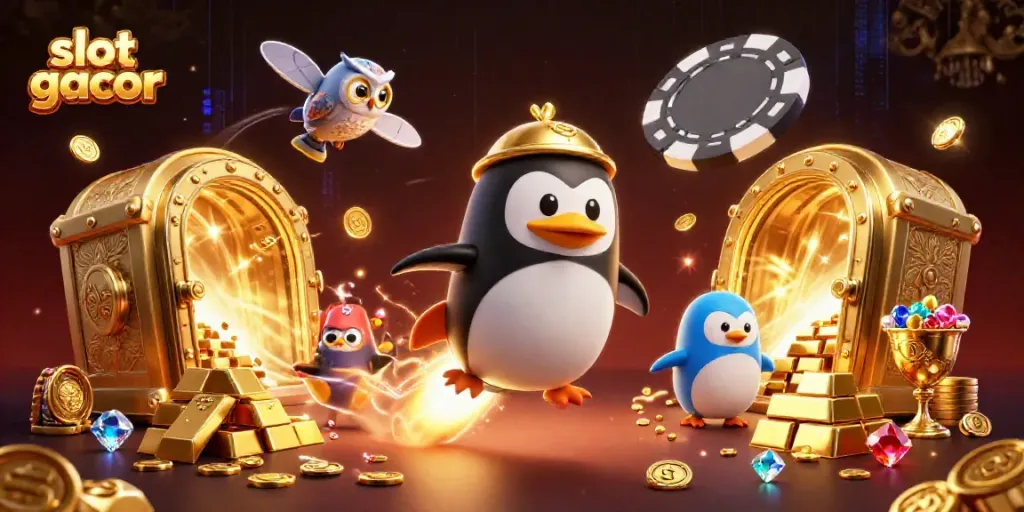 Experience the thrill of slot gacor with a golden penguin racing towards a vibrant casino!