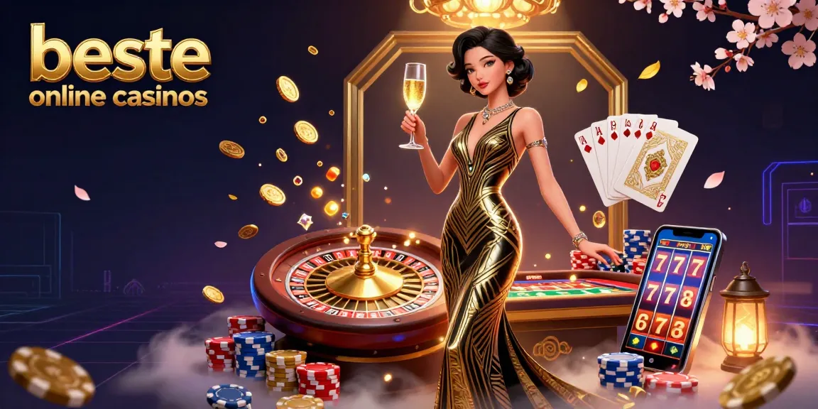 Experience the thrill of beste online casinos with an elegant Asian woman in a glamourous casino scene, showcasing a vintage roulette table and sparkling elements.