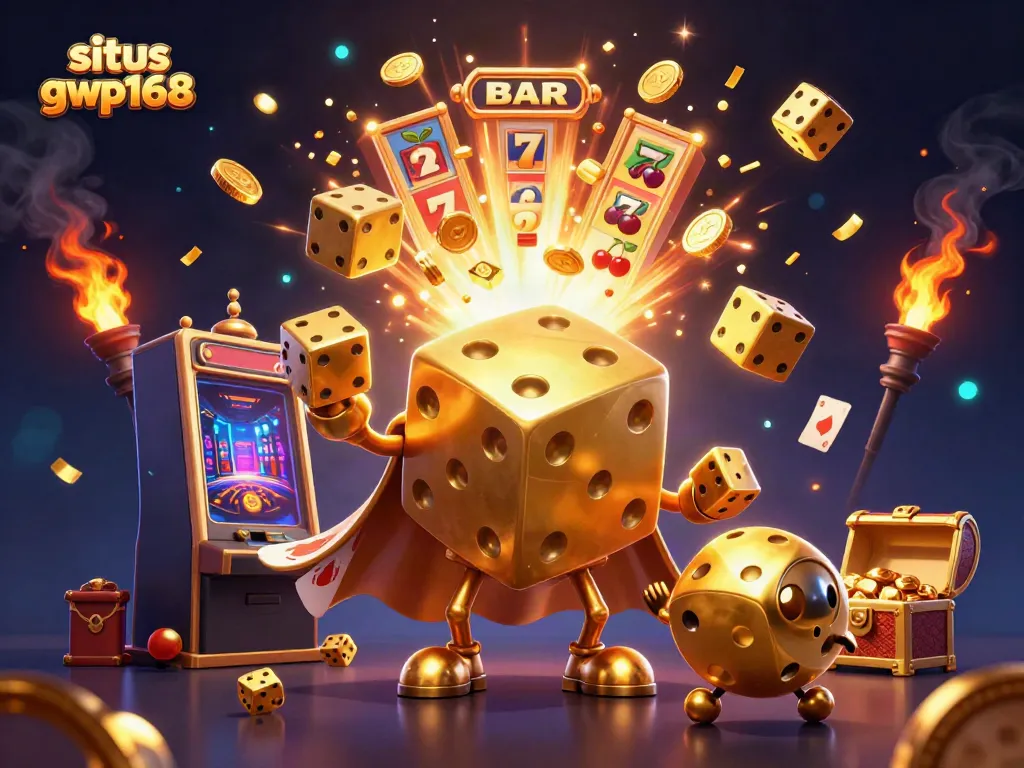 Gambar ilustrasi 3D menarik tentang situs gwp168, menggambarkan golem dadu emas dan mesin slot dengan jackpot.