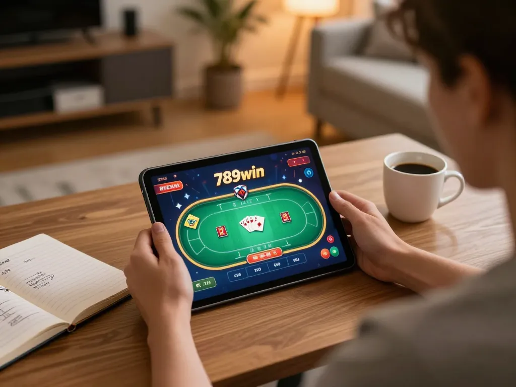 Play poker online with 789win on a tablet in a cozy home setting.