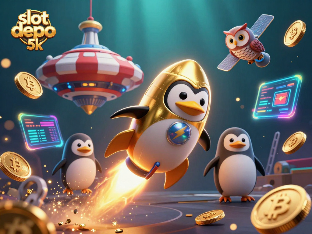 Experience exciting gaming with slot depo 5k, where a golden penguin and crypto coins create a vibrant casino adventure.